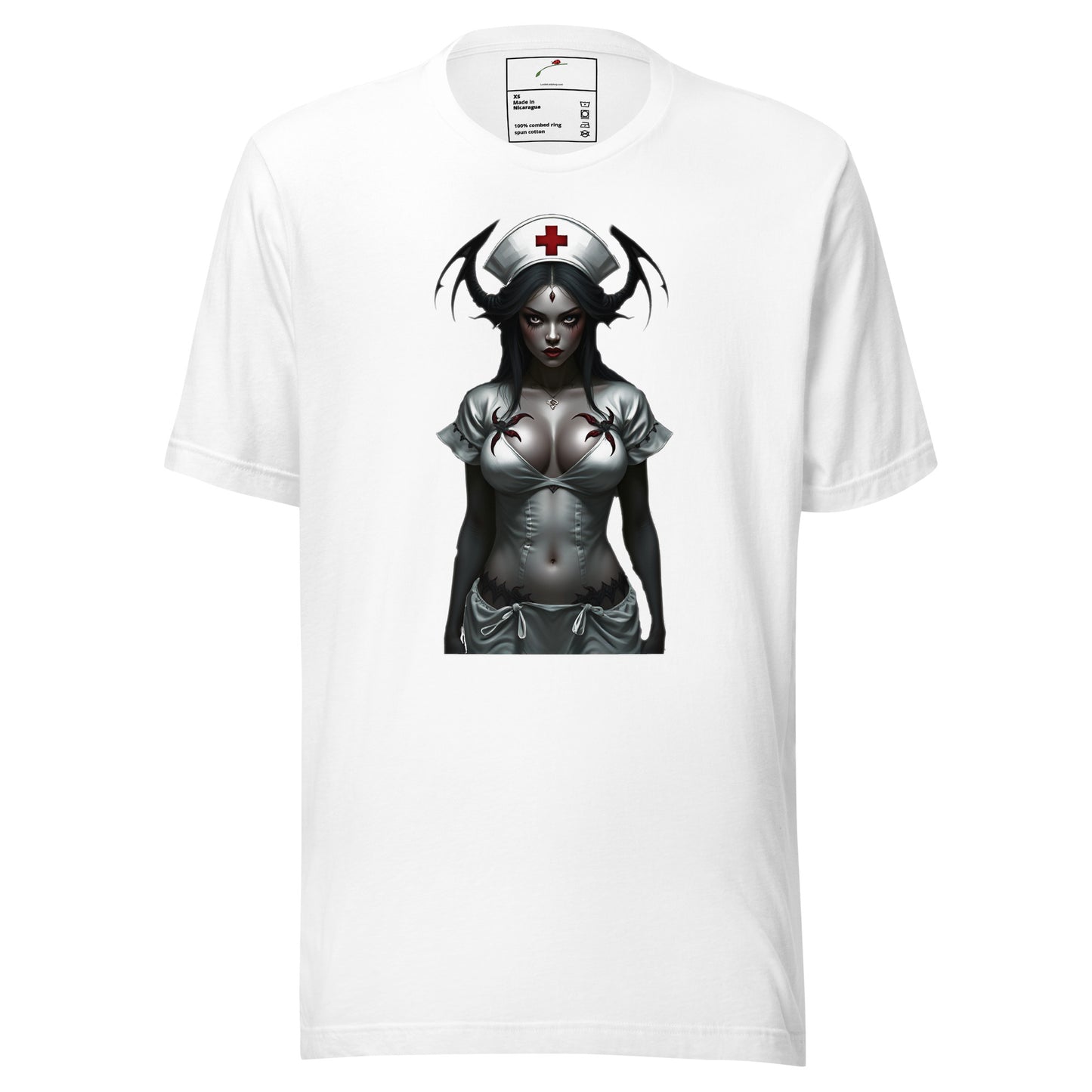LuckeLadybug white twisted healing shirt featuring dark fantasy nurse graphic with horns and spiders