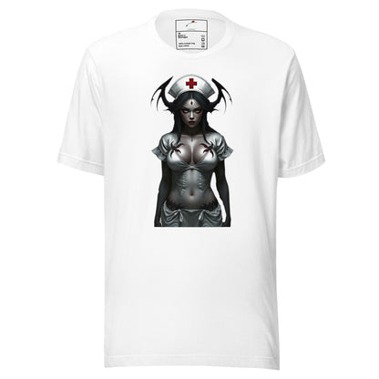 LuckeLadybug white twisted healing shirt featuring dark fantasy nurse graphic with horns and spiders
