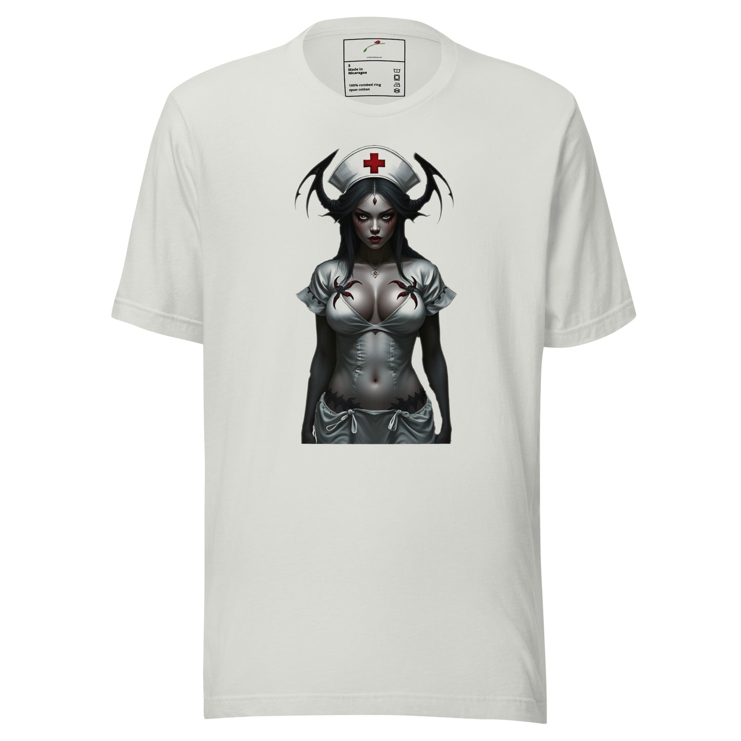White LuckeLadybug twisted healing shirt with dark gothic nurse and spider design