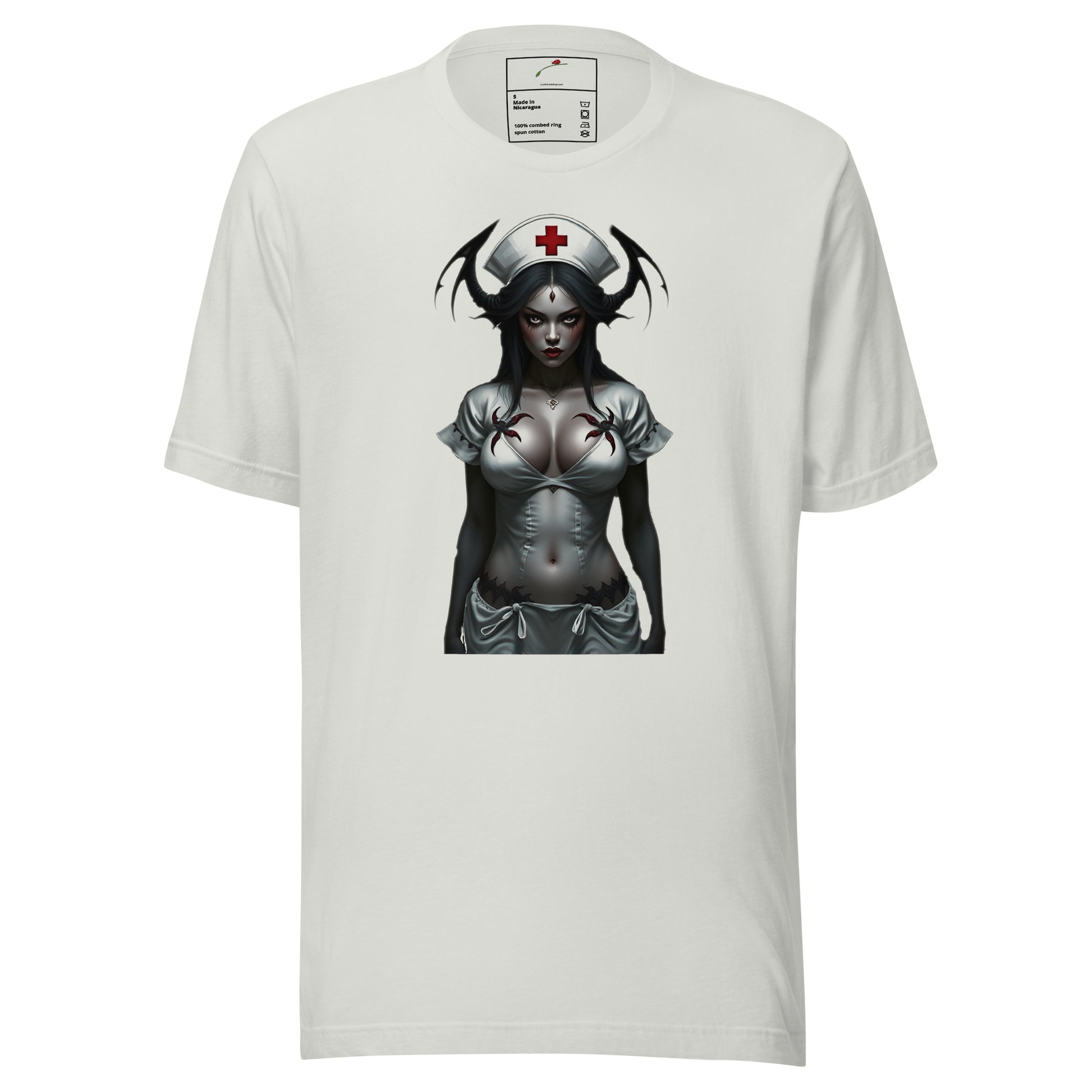 White LuckeLadybug twisted healing shirt with dark gothic nurse and spider design