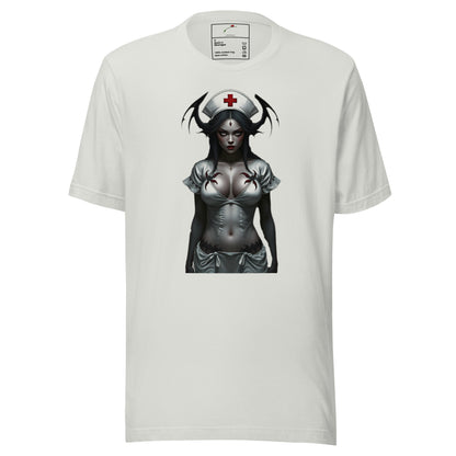 White LuckeLadybug twisted healing shirt with dark gothic nurse and spider design