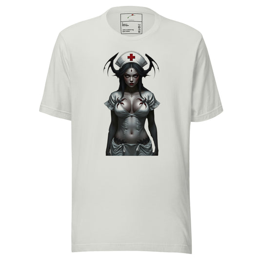 White LuckeLadybug twisted healing shirt with dark gothic nurse and spider design