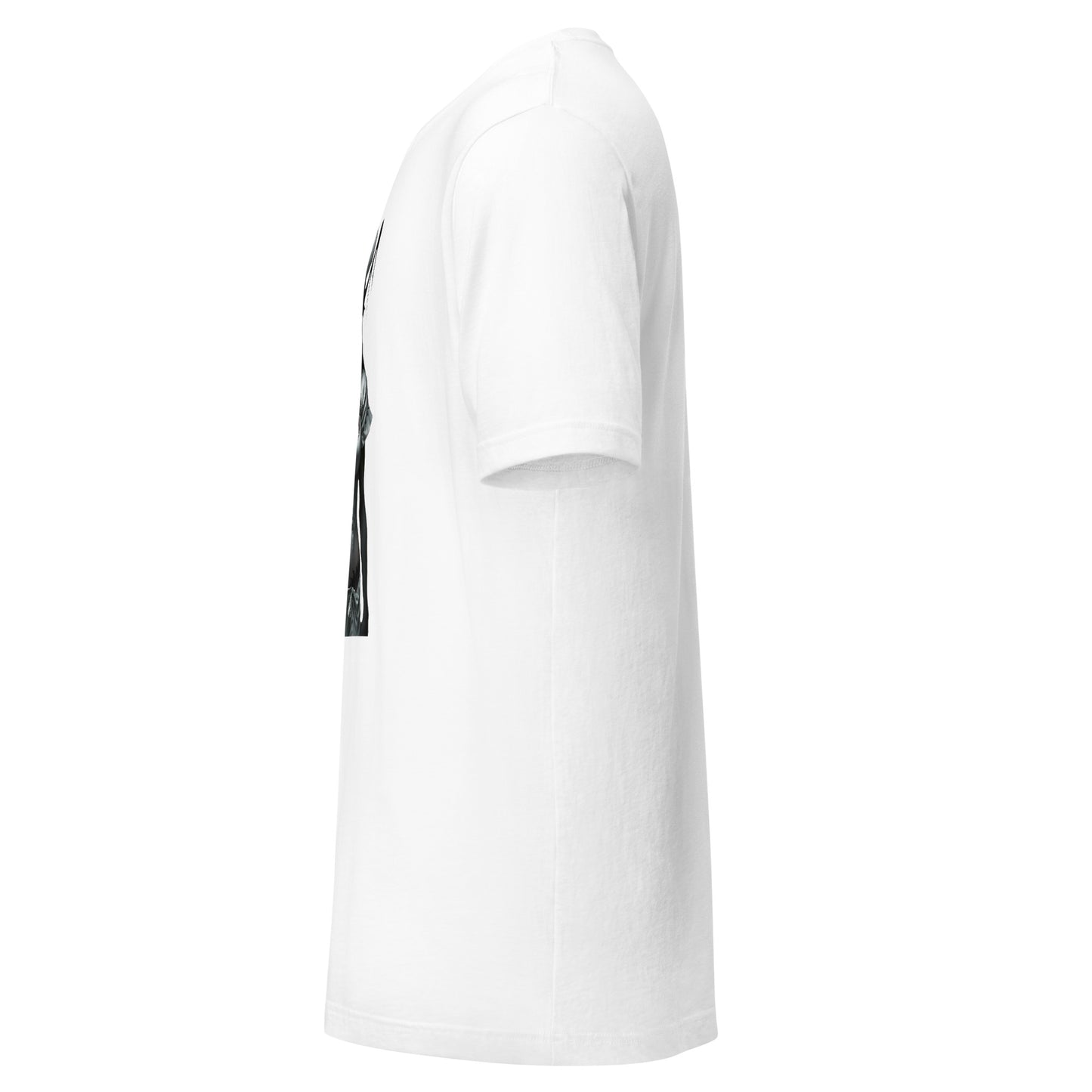 White LuckeLadybug cotton t-shirt side view featuring twisted healing shirt design