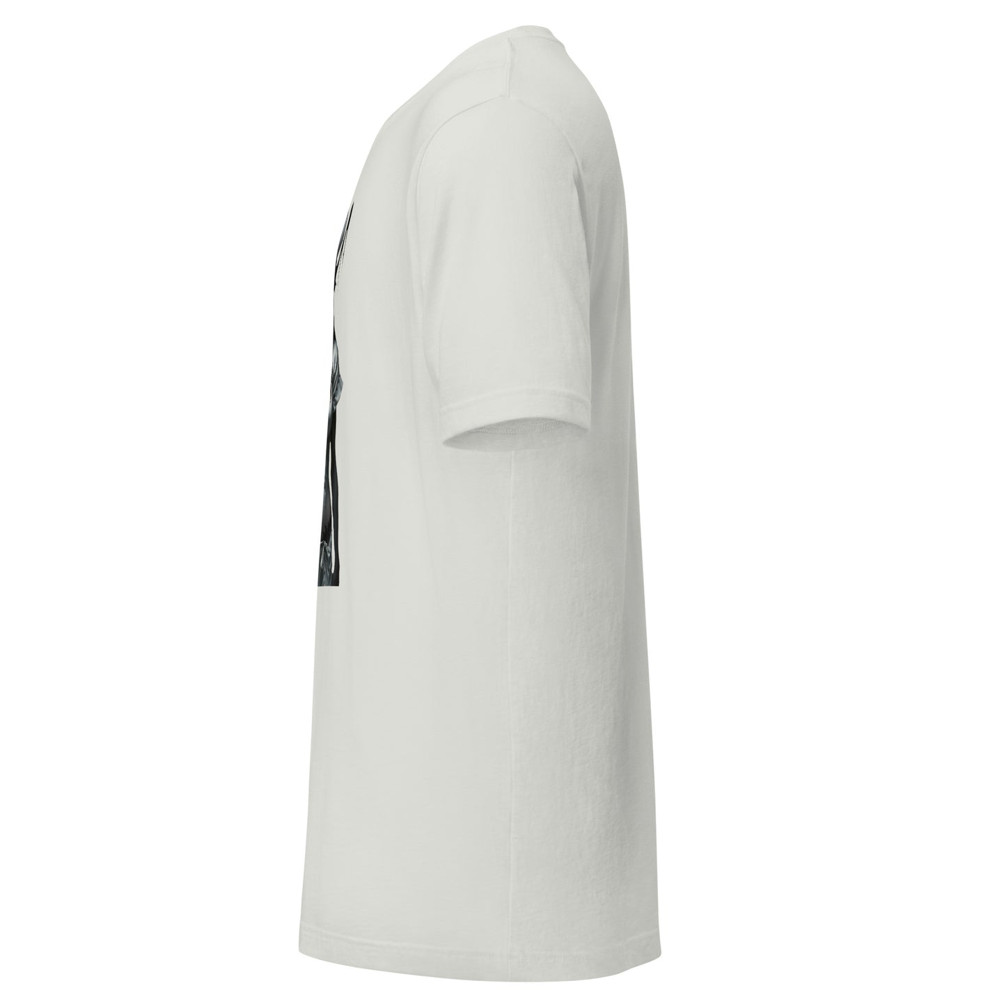 Side view of LuckeLadybug white twisted healing shirt with short sleeves and crew neck