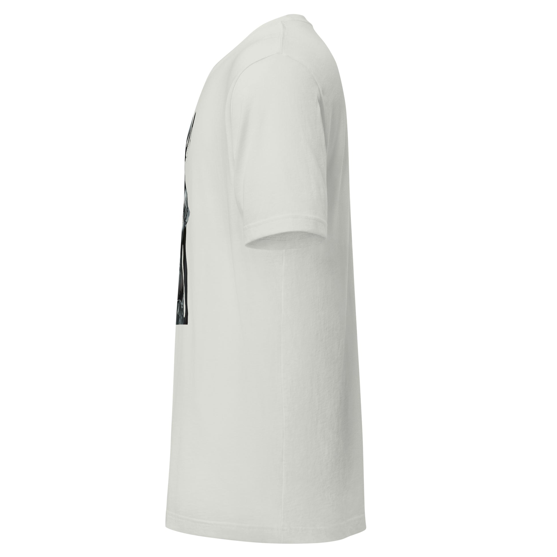 Side view of LuckeLadybug white twisted healing shirt with short sleeves and crew neck