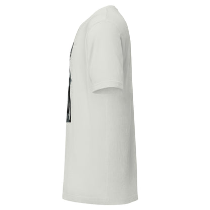 Side view of LuckeLadybug white twisted healing shirt with short sleeves and crew neck