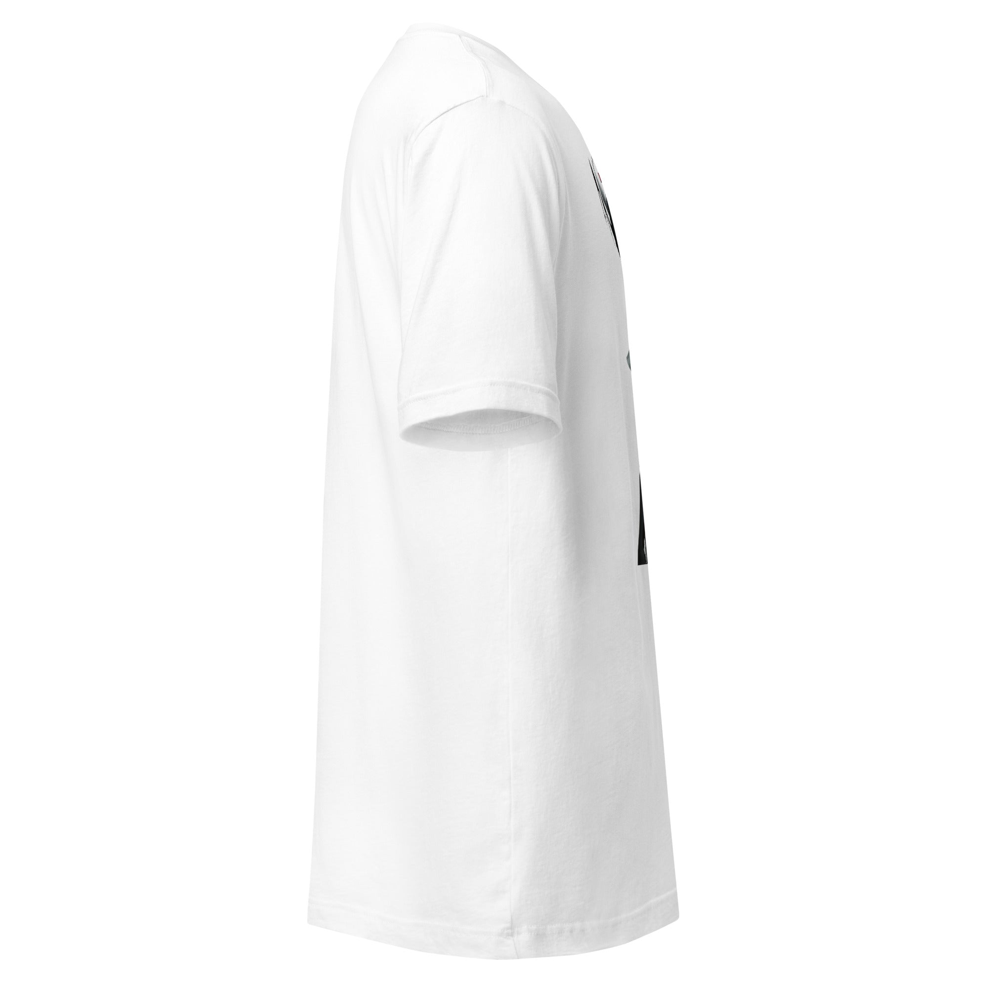 Side view of white twisted healing shirt by LuckeLadybug with short sleeves and regular fit
