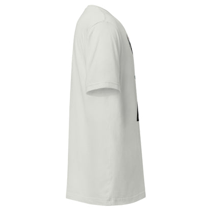 White LuckeLadybug twisted healing shirt with short sleeves and classic fit side view