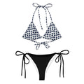 two piece bikini set for women with patterned triangle top and black tie-side bottoms