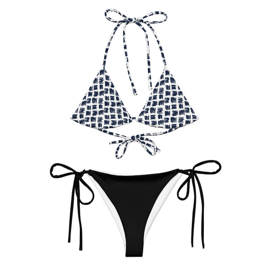 two piece bikini set for women with patterned triangle top and black tie-side bottoms