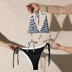 two piece bikini set for women with black and white patterned top and solid black tie-side bottoms