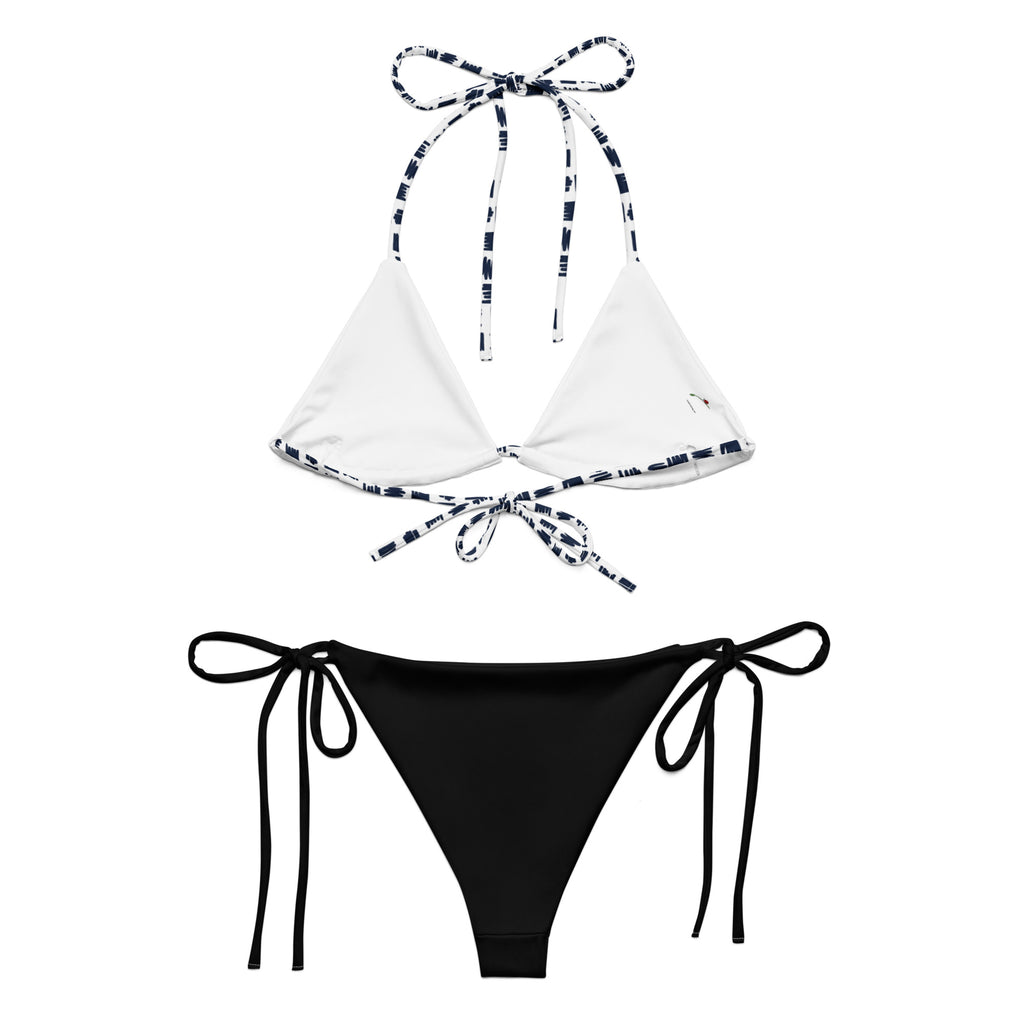 two piece bikini set for women with white triangle top and black tie-side bottoms