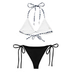 two piece bikini set for women with white triangle top and black tie-side bottoms