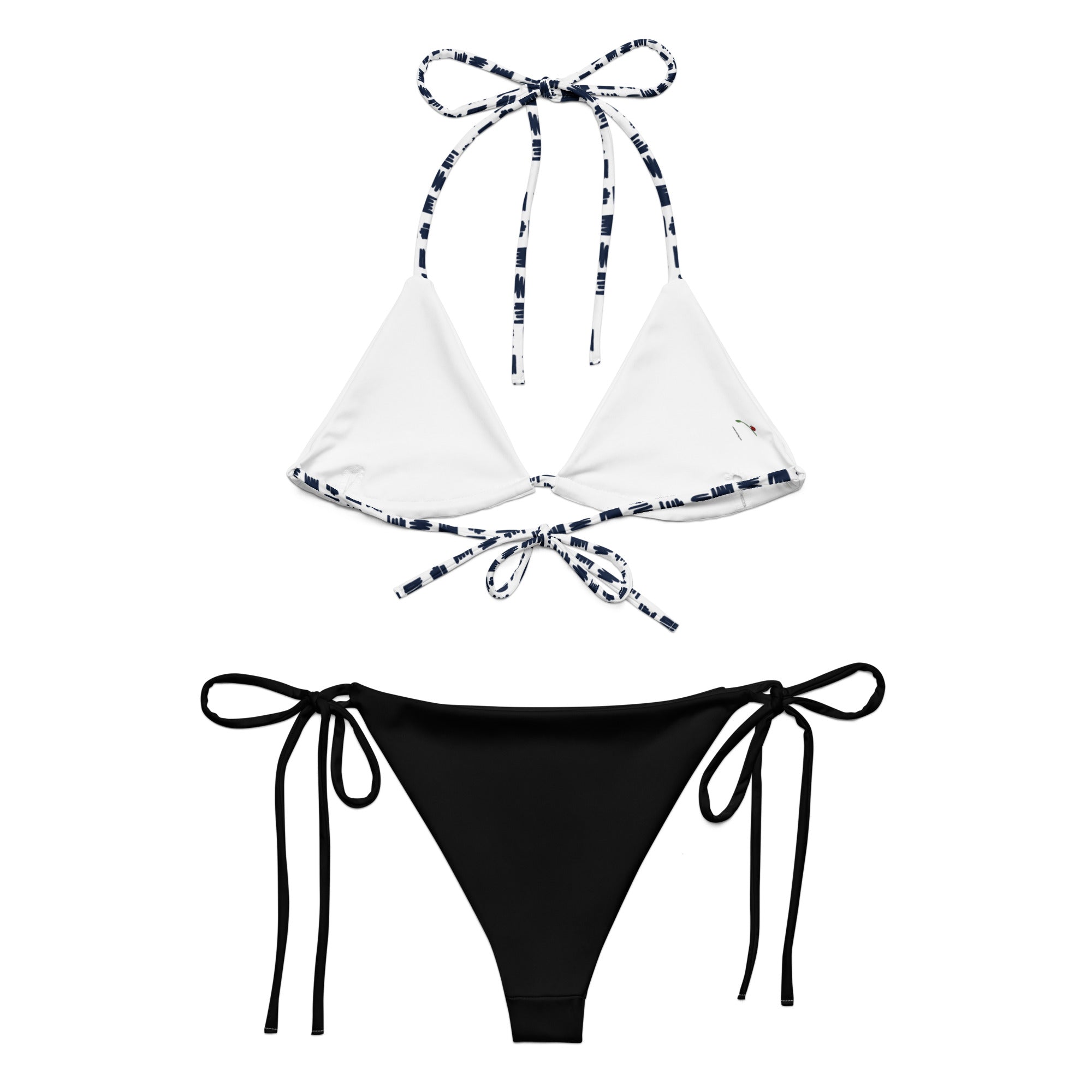 two piece bikini set for women with white triangle top and black tie-side bottoms
