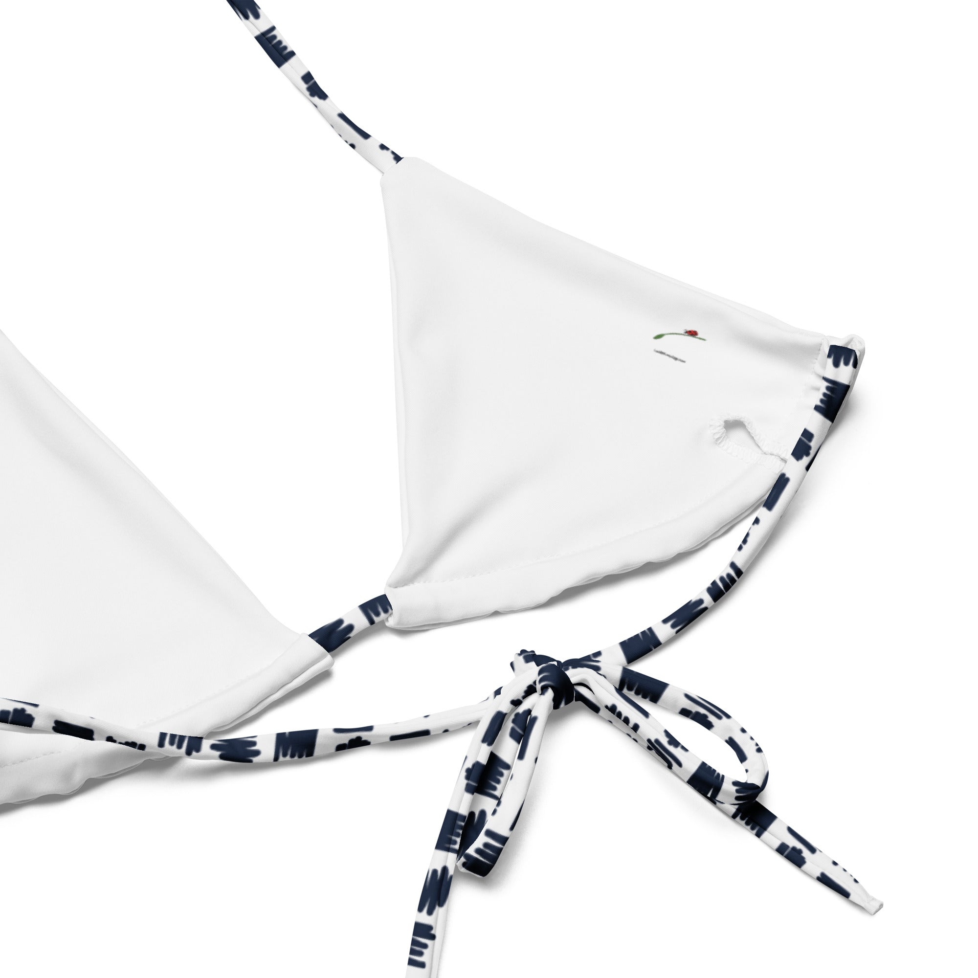 white triangle bikini top with navy pattern straps two piece bikini set for women