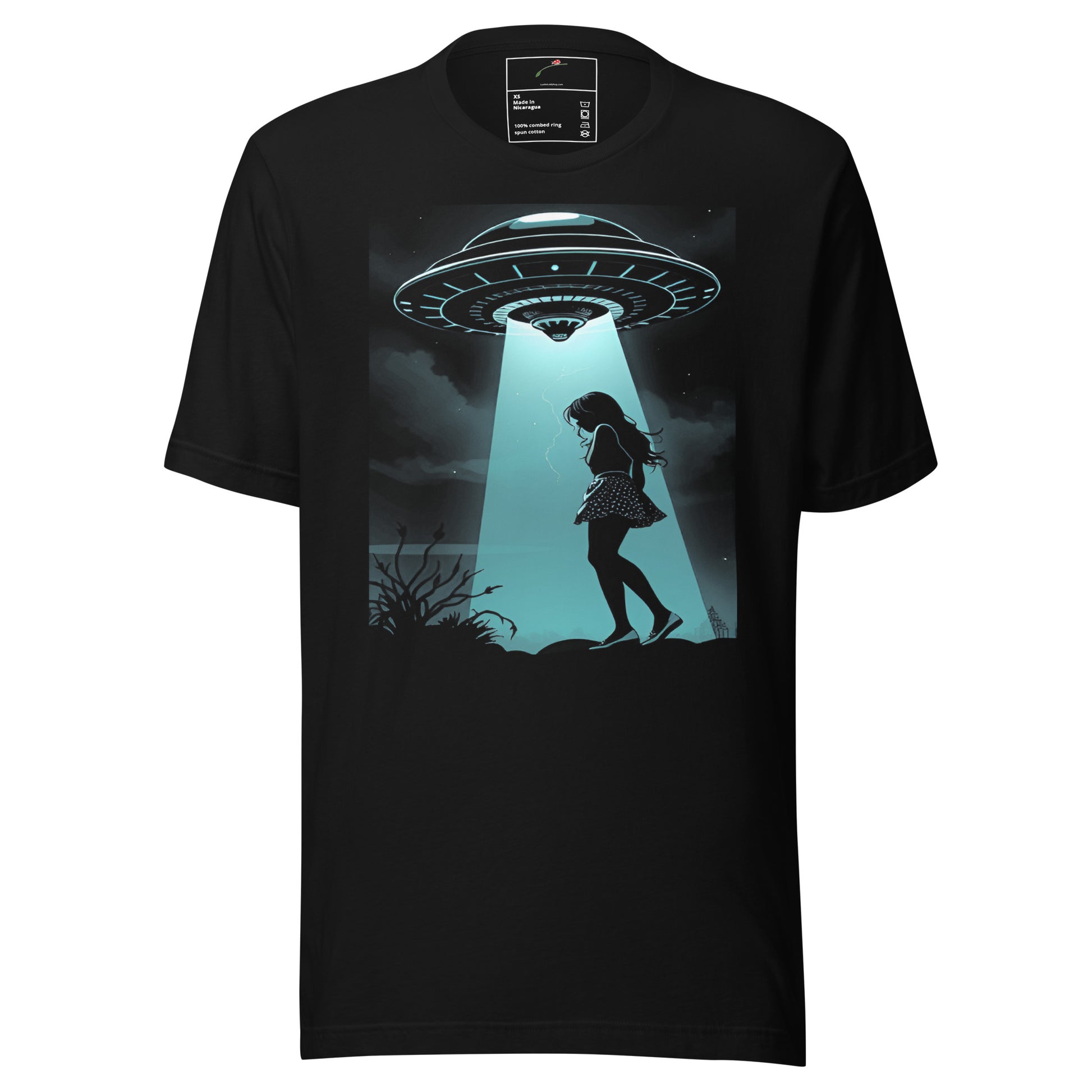 LuckeLadybug black UFO abduction graphic t shirt featuring a girl being beamed up by a UFO