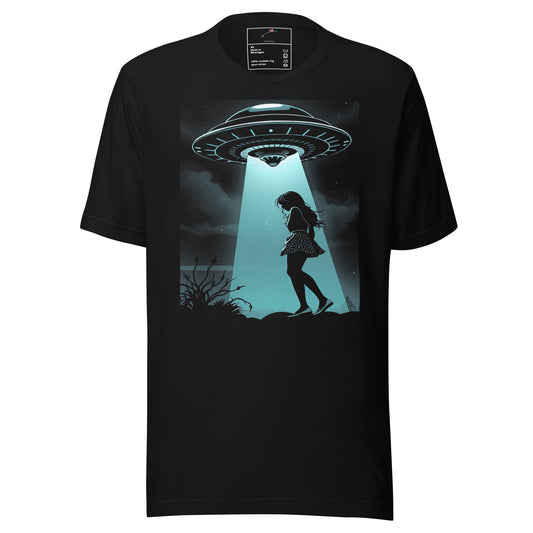 LuckeLadybug black UFO abduction graphic t shirt featuring a girl being beamed up by a UFO