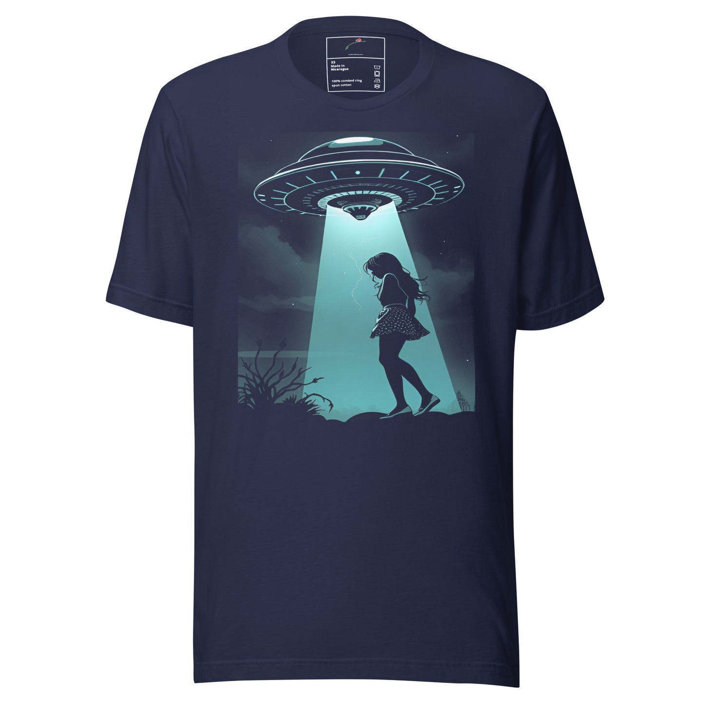 LuckeLadybug navy blue UFO abduction graphic t shirt with girl being abducted by spaceship