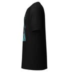 Side view of black UFO abduction graphic t shirt with blue alien and spaceship design