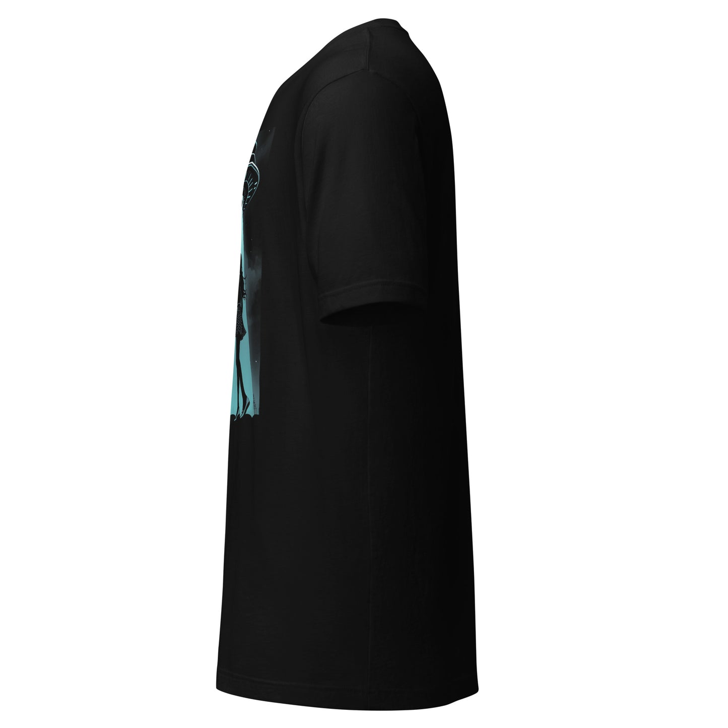 Side view of black UFO abduction graphic t shirt with blue alien and spaceship design