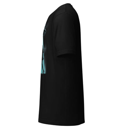 Side view of black UFO abduction graphic t shirt with blue alien and spaceship design