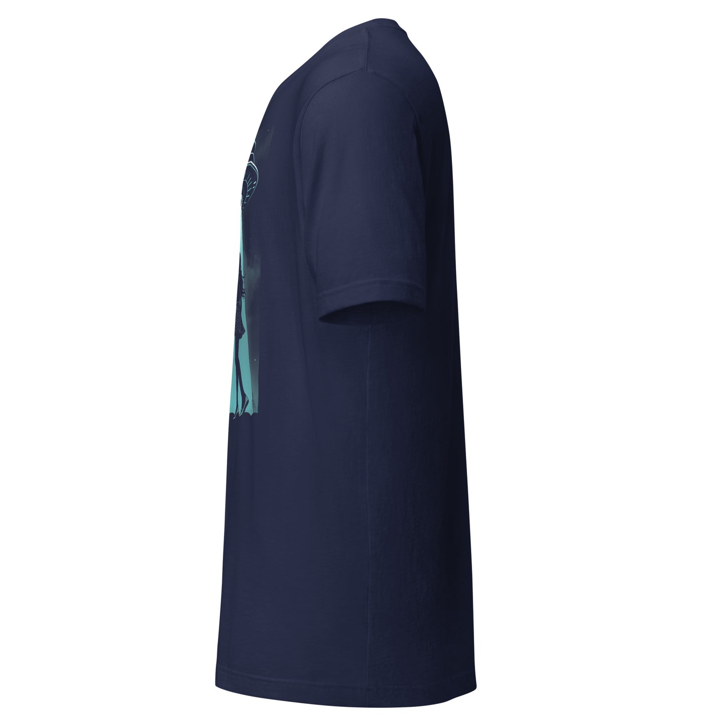 Side view of LuckeLadybug navy UFO abduction graphic t shirt with short sleeves