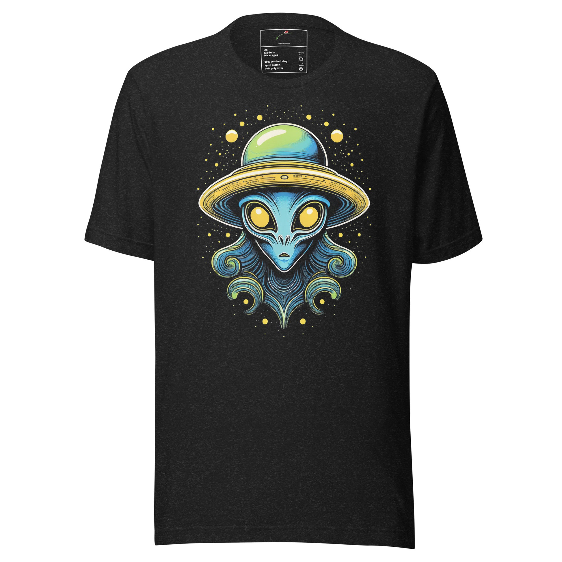LuckeLadybug black t-shirt featuring a unique alien design shirt with yellow eyes and cosmic details