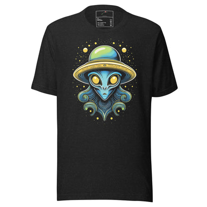 LuckeLadybug black t-shirt featuring a unique alien design shirt with yellow eyes and cosmic details