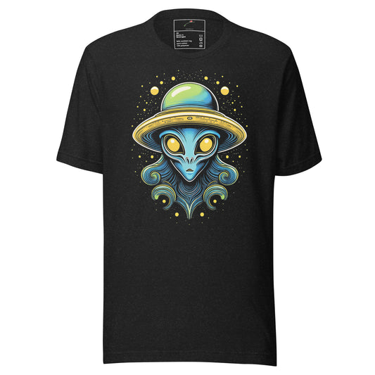 LuckeLadybug black t-shirt featuring a unique alien design shirt with yellow eyes and cosmic details