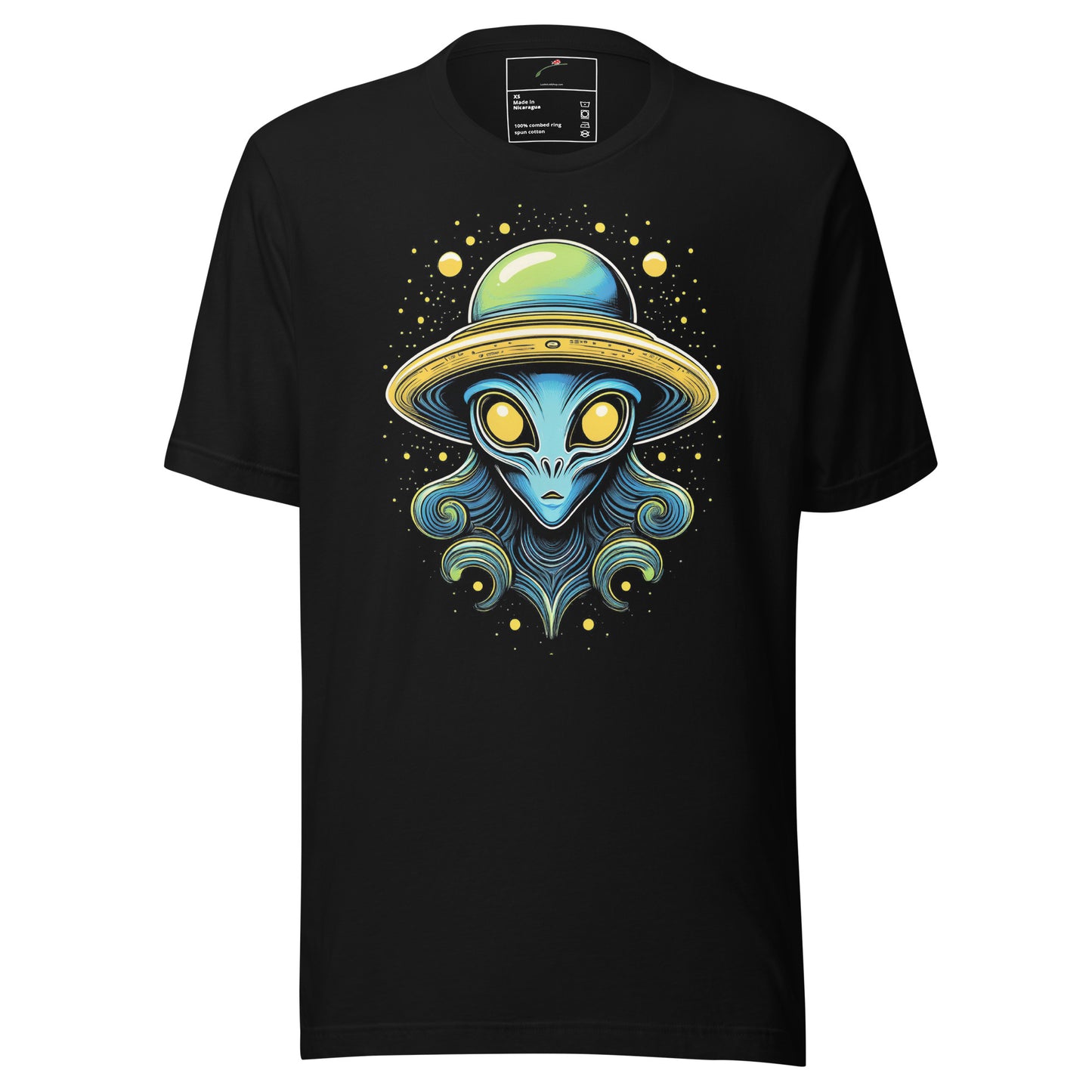 Black T-shirt with a unique alien design shirt featuring a colorful alien wearing a space helmet