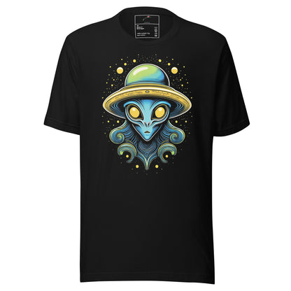 Black T-shirt with a unique alien design shirt featuring a colorful alien wearing a space helmet