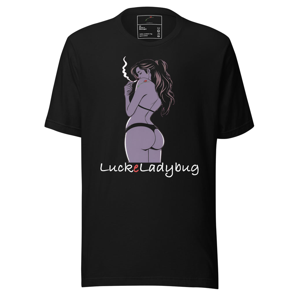 Black LuckeLadybug t-shirt featuring a unique artistic print t-shirt design of a woman smoking
