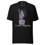 Black LuckeLadybug t-shirt featuring a unique artistic print t-shirt design of a woman smoking