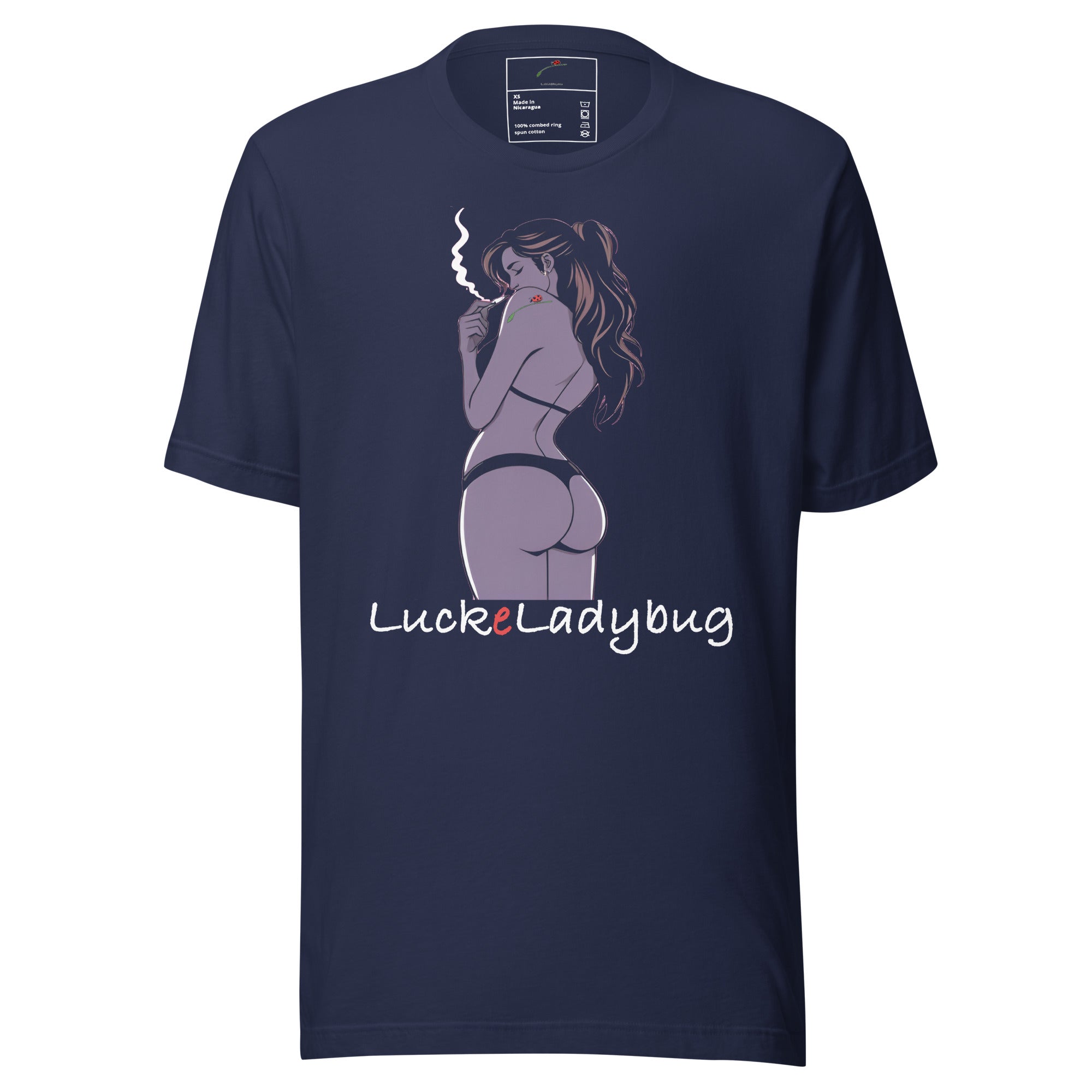 LuckeLadybug unique artistic print t-shirt with a stylized woman smoking on navy blue fabric