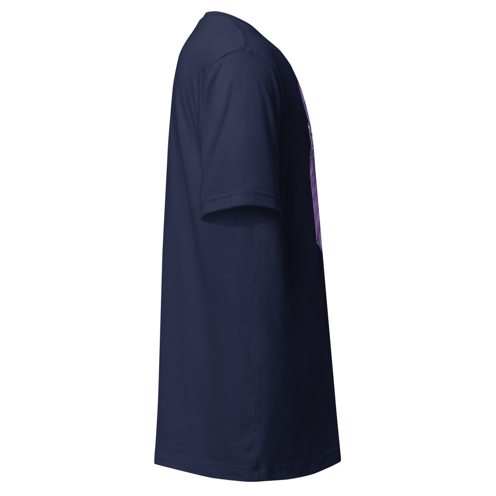 LuckeLadybug navy t-shirt showing the side view of unique gym apparel for weightlifters