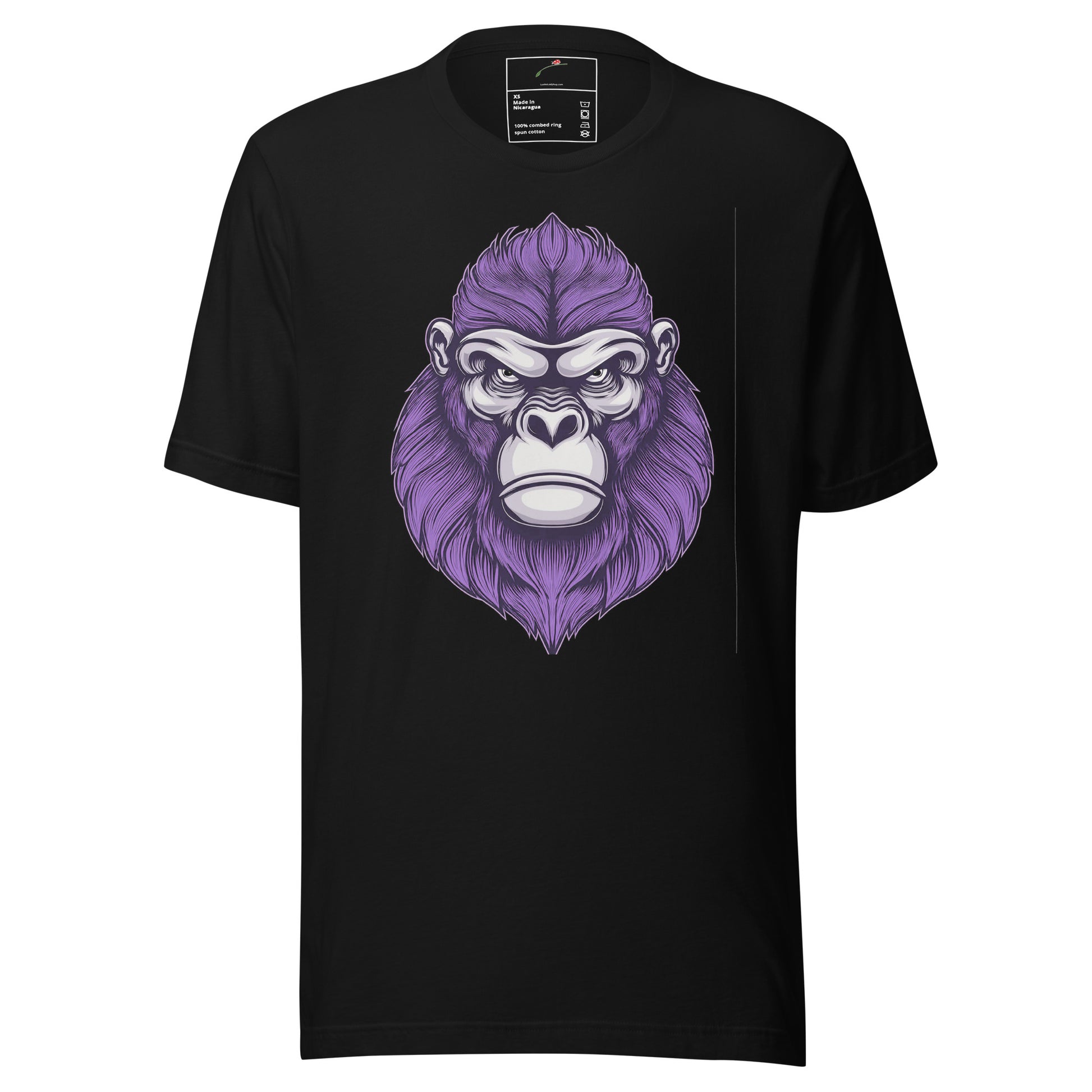 LuckeLadybug black T-shirt with purple gorilla graphic unique gym apparel for weightlifters