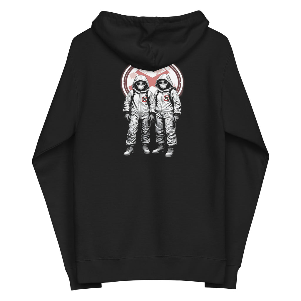 LuckeLadybug black zip hoodie featuring a unique hazmat hoodie design with two figures in hazmat suits