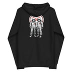 LuckeLadybug black zip hoodie featuring a unique hazmat hoodie design with two figures in hazmat suits