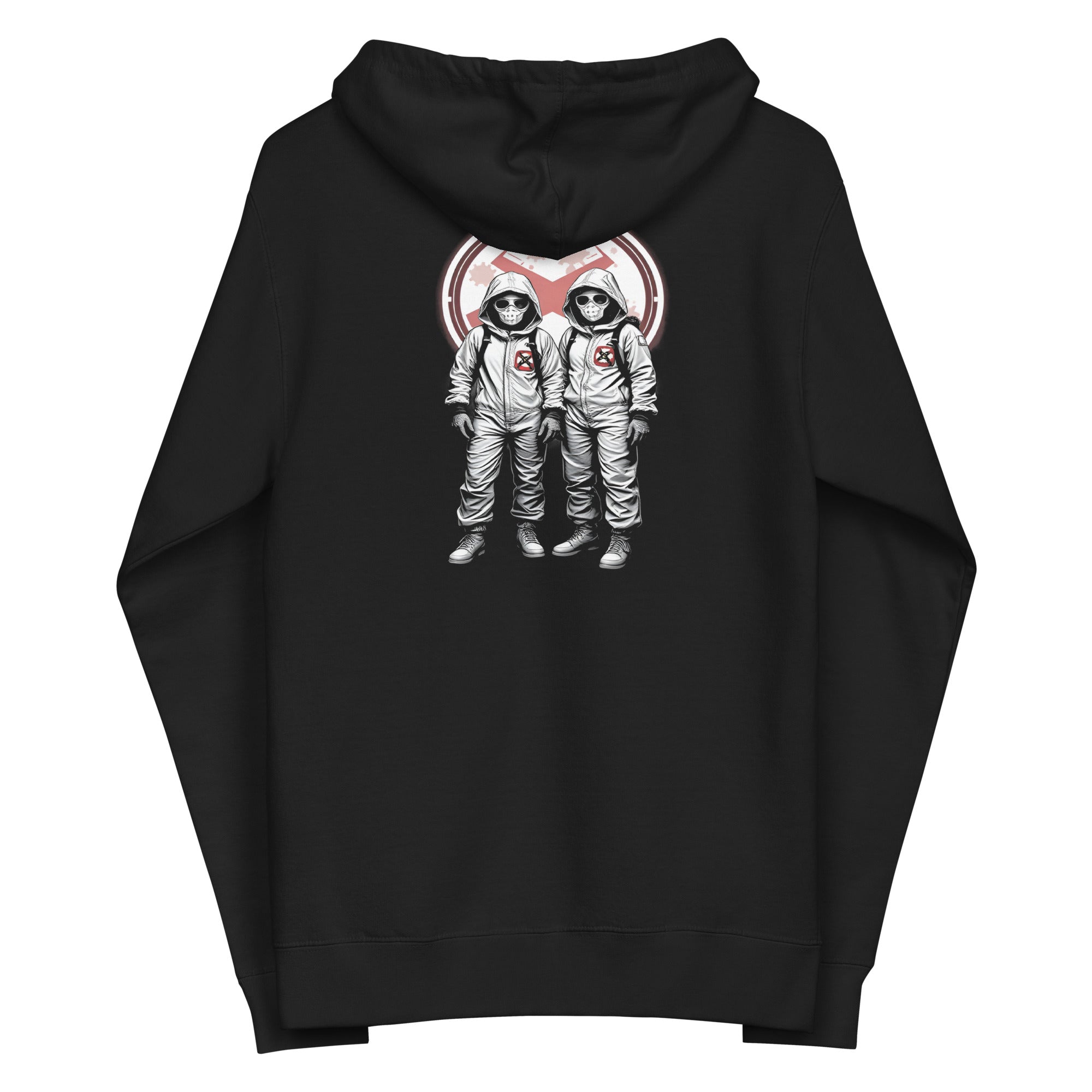 LuckeLadybug black zip hoodie featuring a unique hazmat hoodie design with two figures in hazmat suits