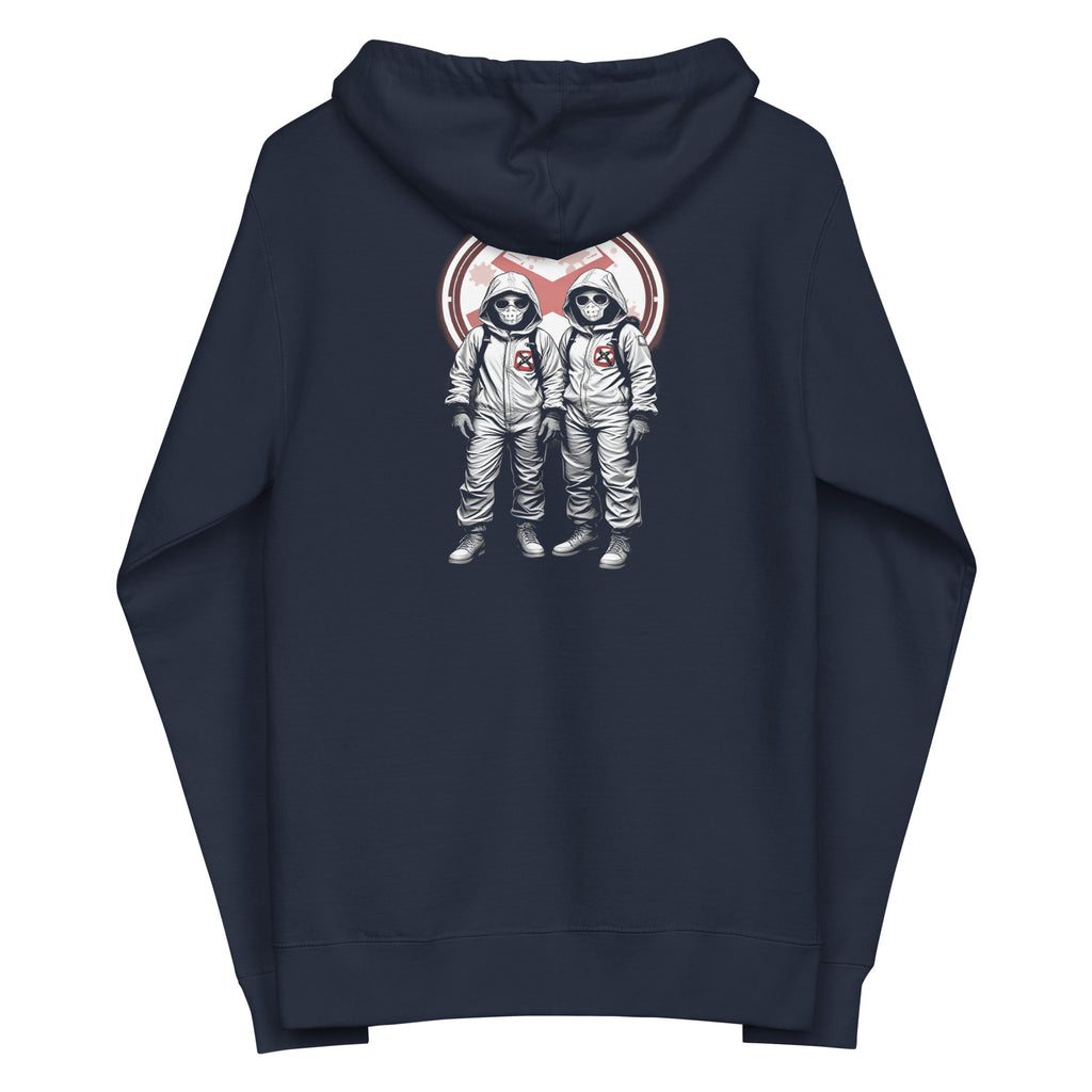 LuckeLadybug unique hazmat hoodie navy zip hoodie with two cartoon hazmat figures on back