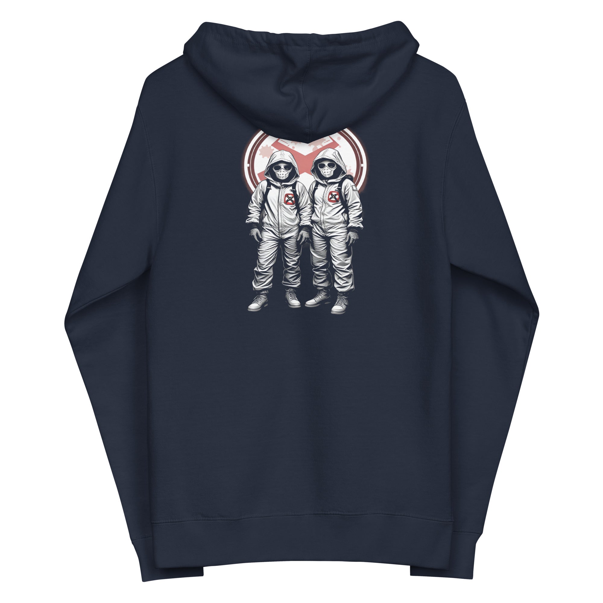 LuckeLadybug unique hazmat hoodie navy zip hoodie with two cartoon hazmat figures on back