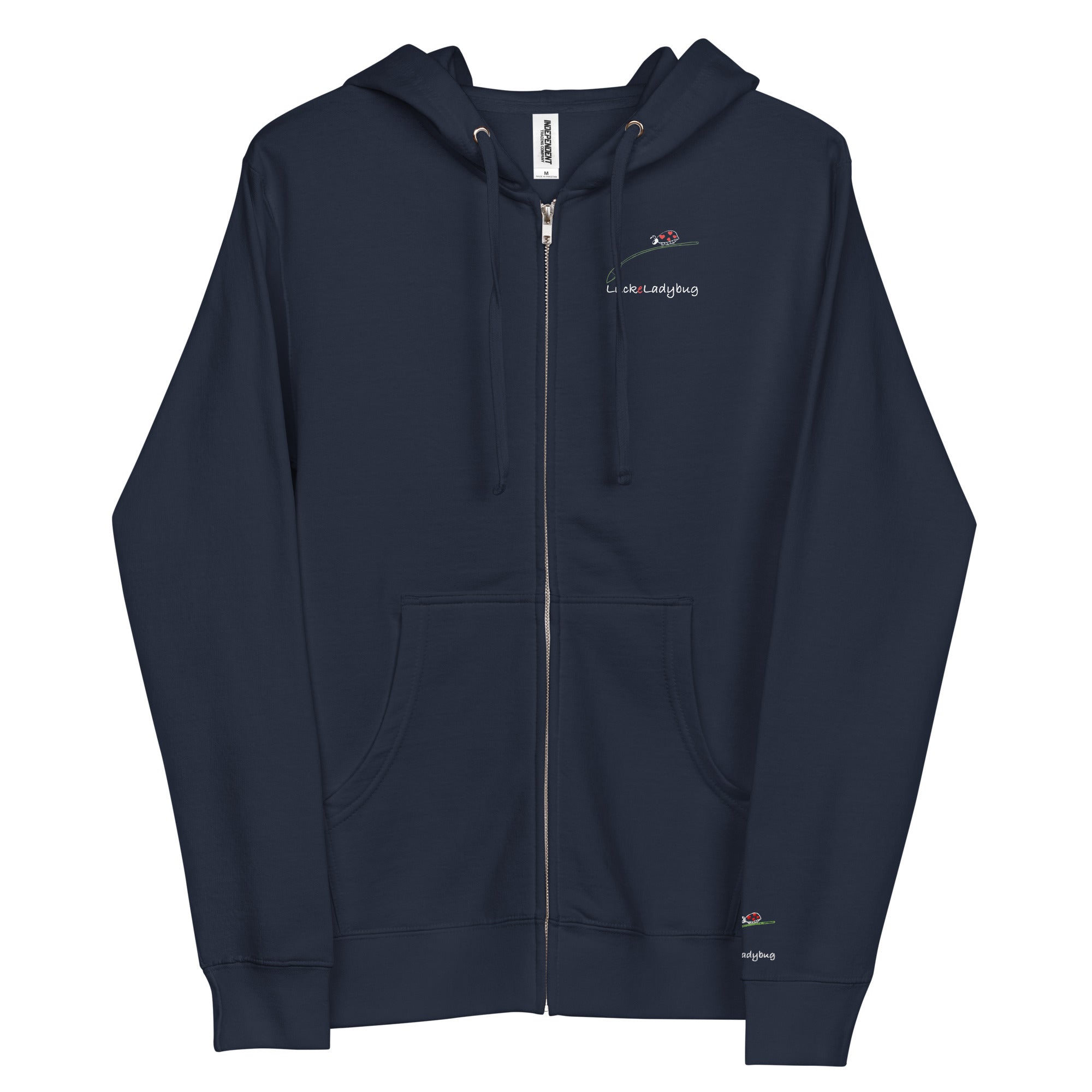 LuckeLadybug navy zip hoodie featuring a simple design with front pockets and drawstring hood unique hazmat hoodie