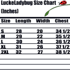 LuckeLadybug size chart for unique hazmat hoodie showing length width and chest measurements in inches