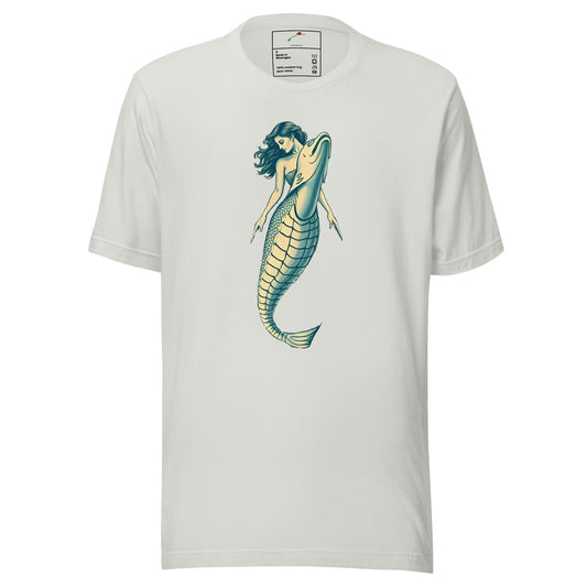 White T-shirt featuring a unique mermaid fish shirt design with a woman and fish tail graphic