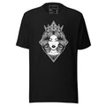 Black T-shirt by LuckeLadybug with a unique queen graphic shirt design featuring a crowned woman illustration