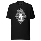 Black T-shirt by LuckeLadybug with a unique queen graphic shirt design featuring a crowned woman illustration