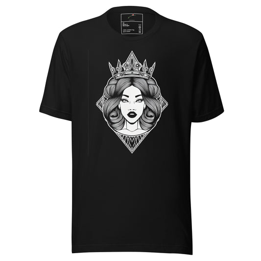 Black T-shirt by LuckeLadybug with a unique queen graphic shirt design featuring a crowned woman illustration