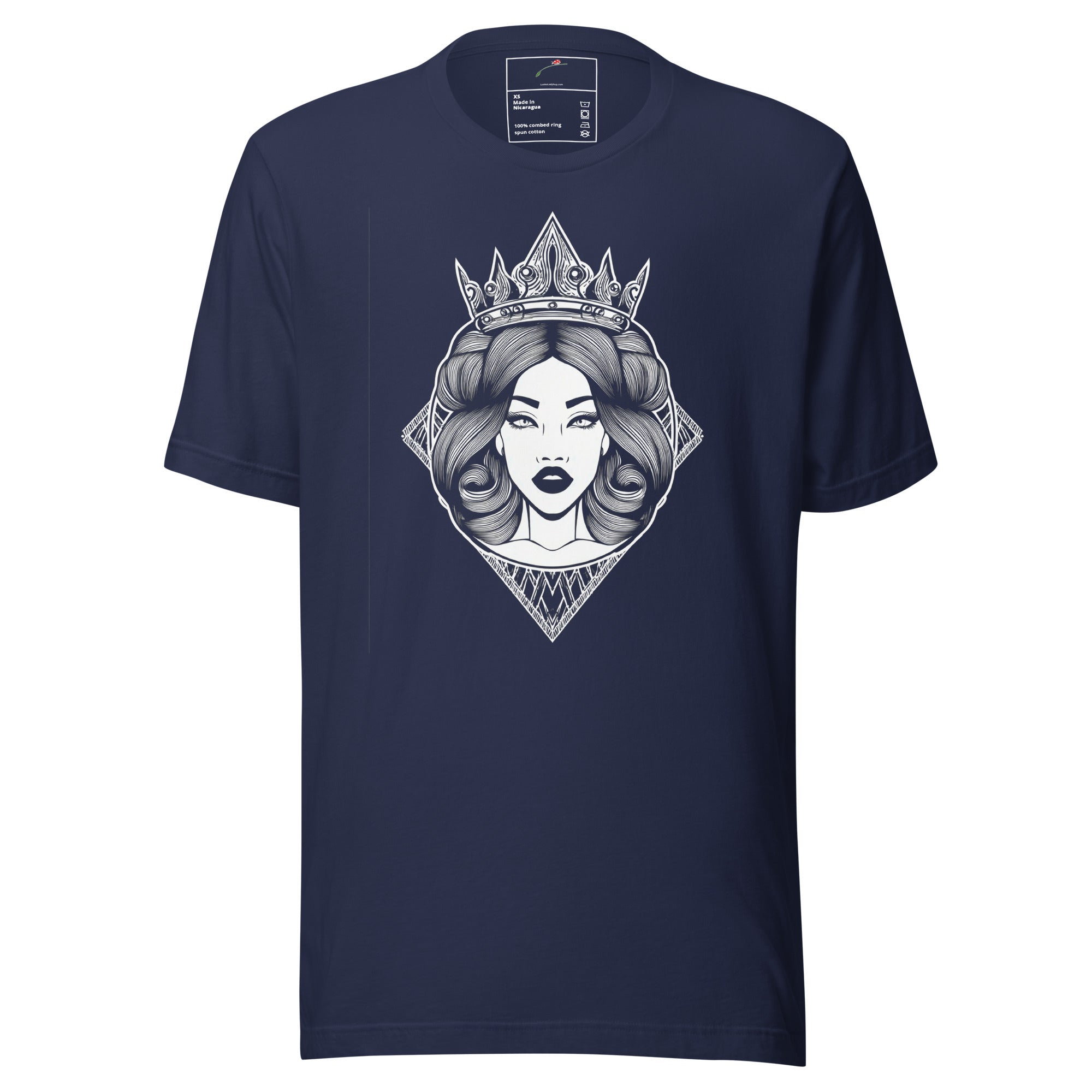Navy LuckeLadybug unique queen graphic shirt featuring a crowned woman illustration