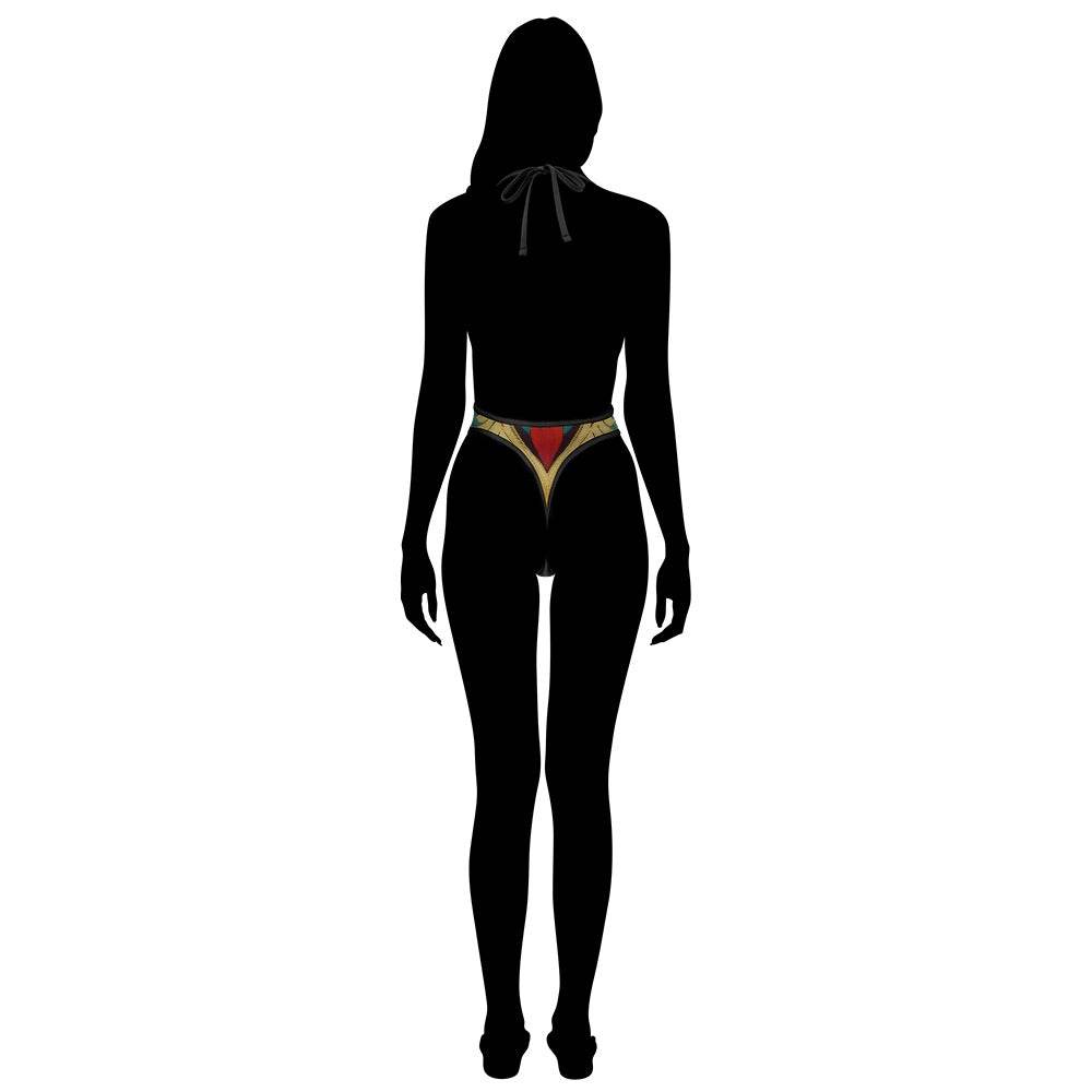 LuckeLadybug unique swimwear for women featuring a high-cut jumpsuit style with bold red and gold accents