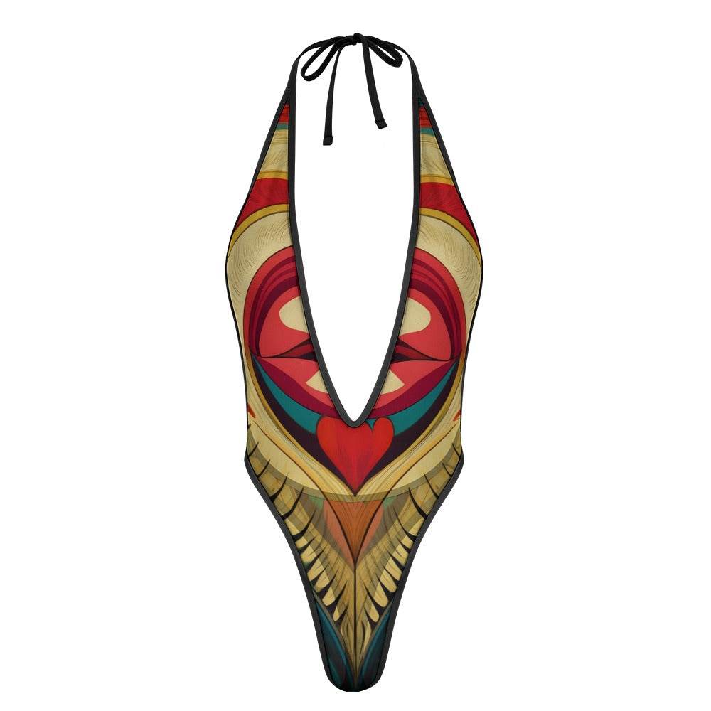 LuckeLadybug jumpsuit featuring unique swimwear for women with vibrant abstract tribal pattern